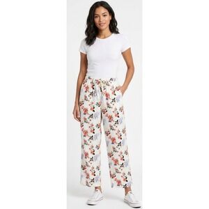 Easy Essentials Floral Wide Leg 100% Cotton Pants White Orange‎ Blue Size Large